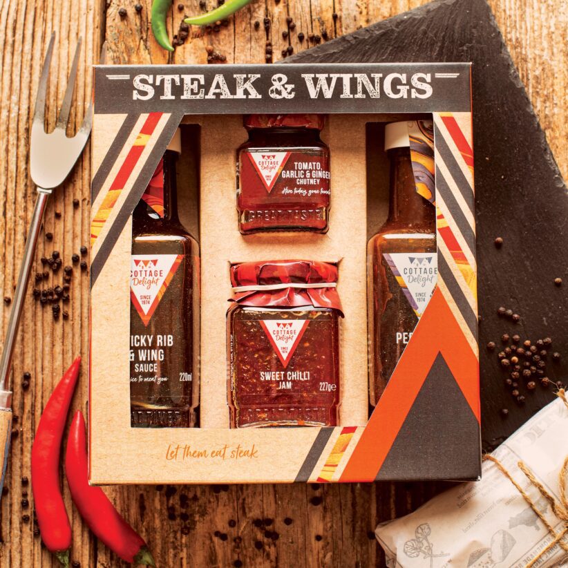 Steak and Wings pack includes Peppered Steak Sauce, Tomato, Garlic and Ginger Chutney, Sweet Chilli Jam and Sticky Rib and Wing Sauce
