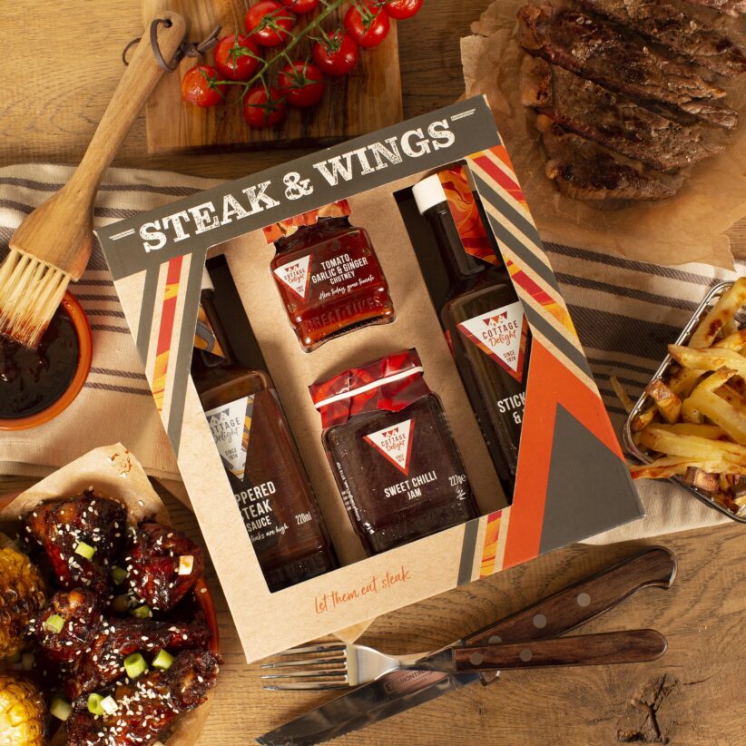 Steak and Wings pack includes Peppered Steak Sauce, Tomato, Garlic and Ginger Chutney, Sweet Chilli Jam and Sticky Rib and Wing Sauce
